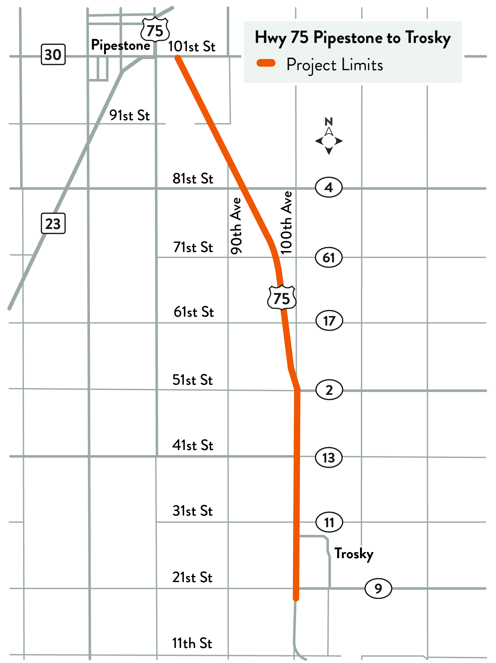 Map of the Hwy 75 corridor in Pipestone County. The main project area is highlighted from Trosky in the south to County Road 57 in the north. The map also shows the next planned project section continuing north from County Road 57 to Highway 30. Major nearby roads, intersections, and landmarks are included to provide context, showing how the project fits within the surrounding area and the overall highway network
